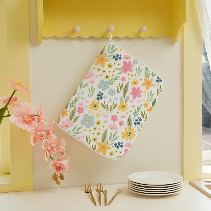 Spring Yellow Pink Blue Floral Dish Drying Mats 18x24 Inch Watercolor Flower - Image 4