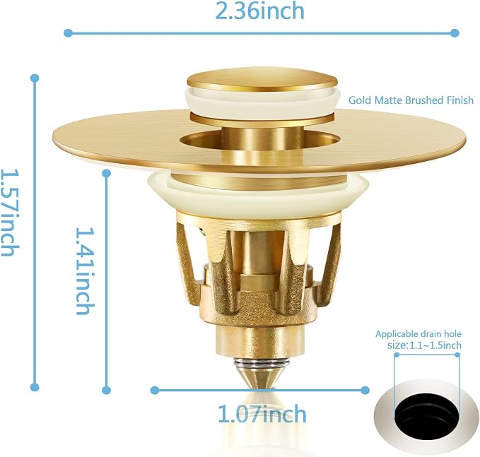 Gold Bathroom Sink Stopper – Pop Up Drain Stopper & Strainer, 2-in-1 Universal - Image 2