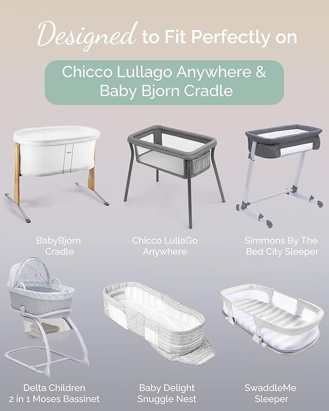 Bassinet Fitted Sheets for Chicco LullaGo Anywhere, Baby Bjorn Cradle and 14 x 29 Mattress Pad - Buttery Soft, Premium Stretchy Jersey Knit Sheets - Pale Pink + Lavendar + Cloud, 3 Pack