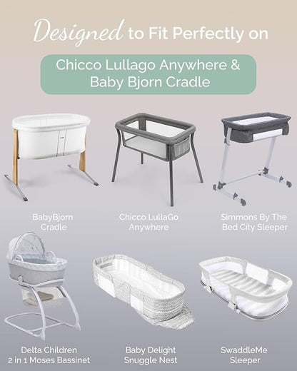 Bassinet Fitted Sheets for Chicco LullaGo Anywhere, Baby Bjorn Cradle and 14 x 29 Mattress Pad - Buttery Soft, Premium Stretchy Jersey Knit Sheets - Pale Pink + Lavendar + Cloud, 3 Pack