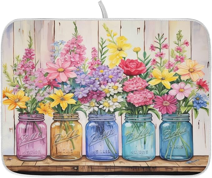 Spring Floral Jars Rustic Dish Drying Mat by ALAZA