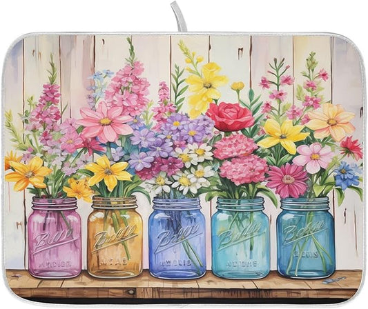 Spring Floral Jars Rustic Dish Drying Mat by ALAZA