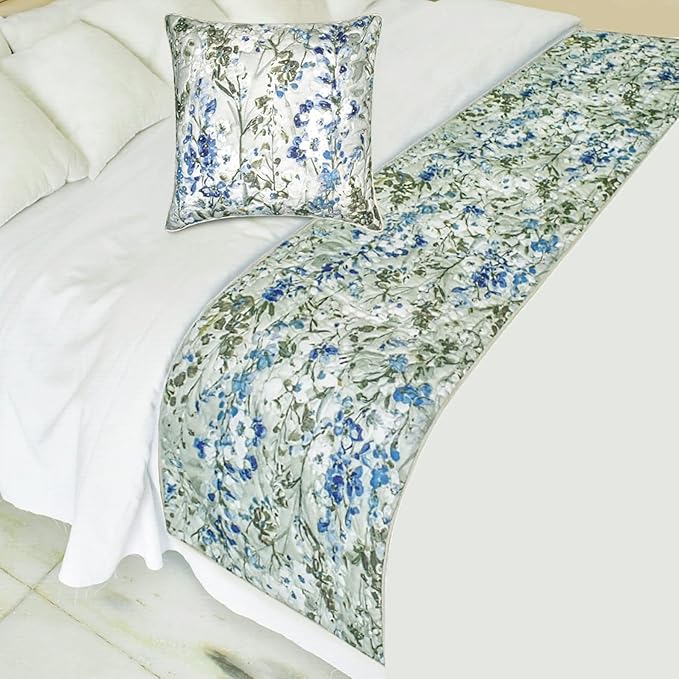 The HomeCentric King/Queen/Twin Blue Decorative Bed Runner Full 68"x18" Bed Runner with One Pillow Cover, Quilted Bed Scarf on Cotton Fabric - Garden Grace