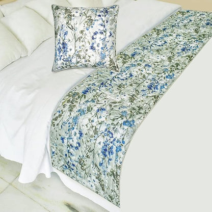 The HomeCentric King/Queen/Twin Blue Decorative Bed Runner Full 68"x18" Bed Runner with One Pillow Cover, Quilted Bed Scarf on Cotton Fabric - Garden Grace