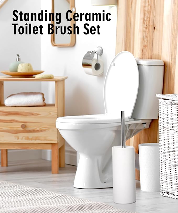 Matt White Ceramic Toilet Brush and Holder Set, Freestanding Toilet Bowl - Image 7