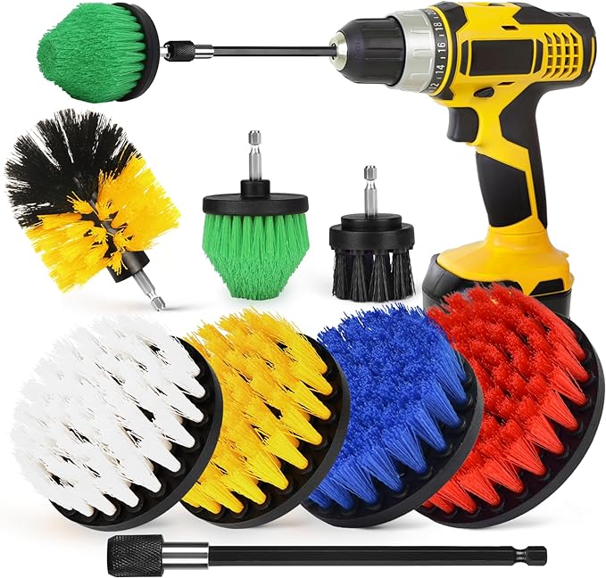 8 Pack Drill Brush Attachment Set, 1/4in Power Scrubber Brush + Extend Long by Tialero