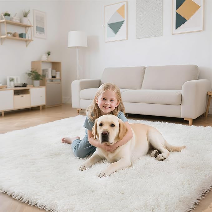 Fluffy Rug Shaggy Area Rug, White 8x10 Area Rugs for Living Room, Large Shag Area Rugs for Bedroom Kids Room Home Decor, Upgrade Anti-Skid Rectangular Fuzzy Rugs