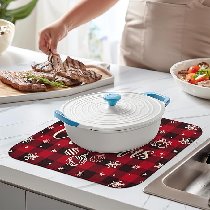 Christmas Kitchen Countertop Dish Drying Mat, Washable Absorbent Countertop - Image 4