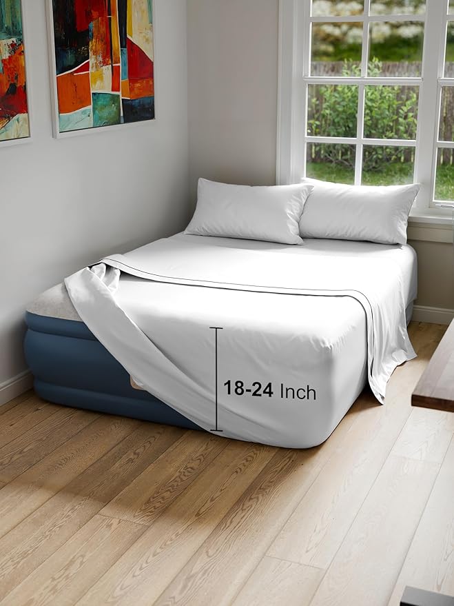Air Mattress Sheet Set for Queen Size - 4 Piece Breathable & Cooling Sheets w/ Extra Deep Pockets - Fits Inflatable & Blow Up Air Mattresses Up to 24 Inches Thick - Ultra Soft & Wrinkle Free - White