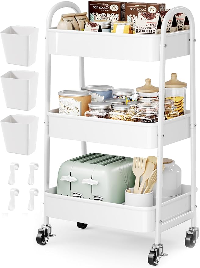 3 Tier Rolling Cart Metal with Wheels, Heavy Duty White Three Tiered Craft Cart by Unknown
