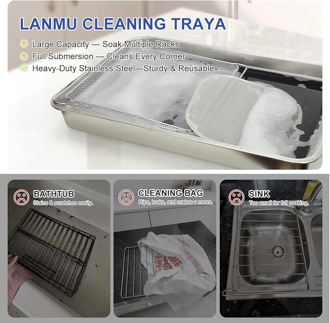 LANMU Stainless Steel Oven Rack Cleaning Tray, Large Capacity Soaking Tray - Image 4
