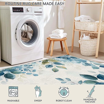 2x3 Botanical Leaf Entryway Area Rug Blue White Leaves Bathroom Rug Non Slip Machine Washable Low Pile Small Carpet Kitchen Bedroom Door Mat Entrance