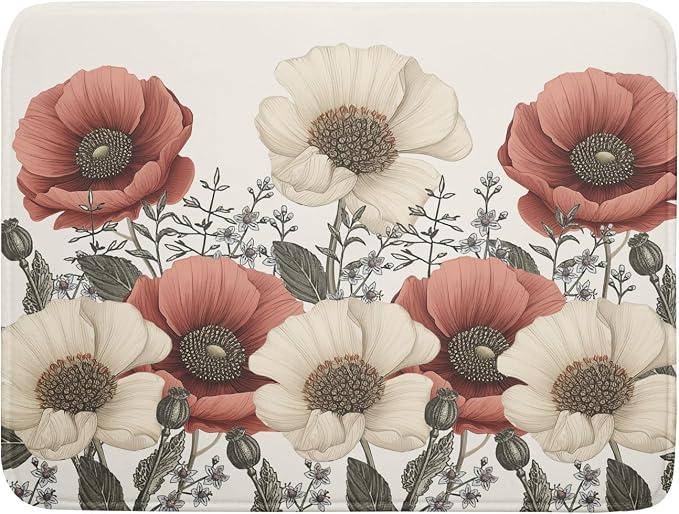 Floral Dish Drying Mat for Kitchen Counter 24x18 Inch Beige Pink Big Flower by Unknown