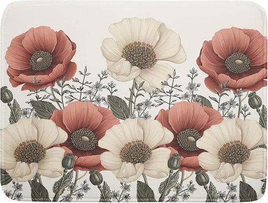 Floral Dish Drying Mat for Kitchen Counter 24x18 Inch Beige Pink Big Flower by Unknown