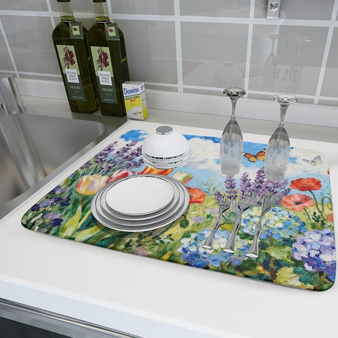 Spring Floral Dish Drying Mat for Kitchen Counter 18x24 Green Purple Blue - Image 6