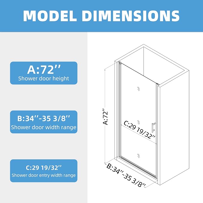 34-35.4" W x 72" H Shower Door, Royal Guard Frameless Pivot Shower Door - Image 5
