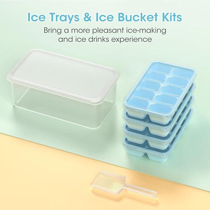 DOQAUS Ice Cube Tray with Lid and Bin, 4 Pack Silicone Plastic Ice Cubes Trays - Image 8