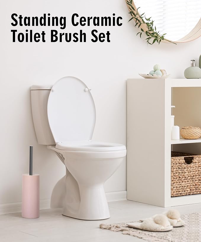 Matt Pink Ceramic Toilet Brush and Holder Set, Freestanding Toilet Bowl - Image 6