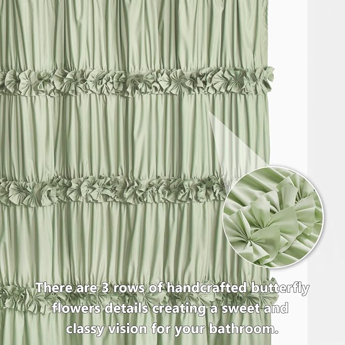 Sage Ruffle Shower Curtain, Vintage Handcrafted Bow Tie Bath Curtain - Image 2