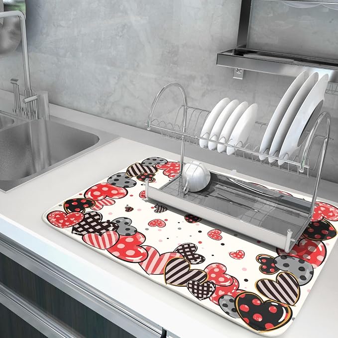 Red Heart Dish Drying Mat 18"x24" Love Dots Microfiber Dish Drainer Rack Mat - Image 5