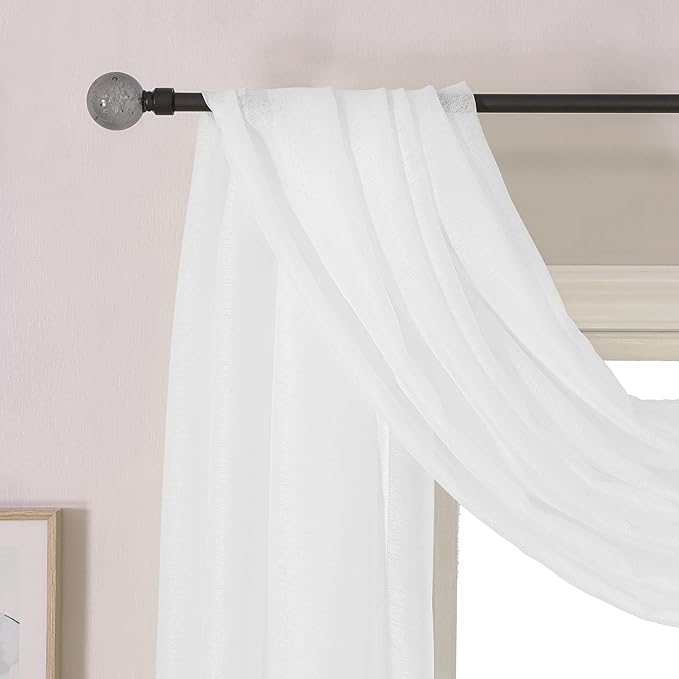 DONREN White Sheer Window Scarf Valance - Luxury Soft Semi Sheer Scarf for Window Wedding Arch Curtains (1 Panel, 34 x 216 Inch Length)