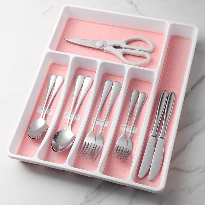 Silverware Organizer with Cutlery Icons，Pink Kitchen Silverware Tray - Image 3