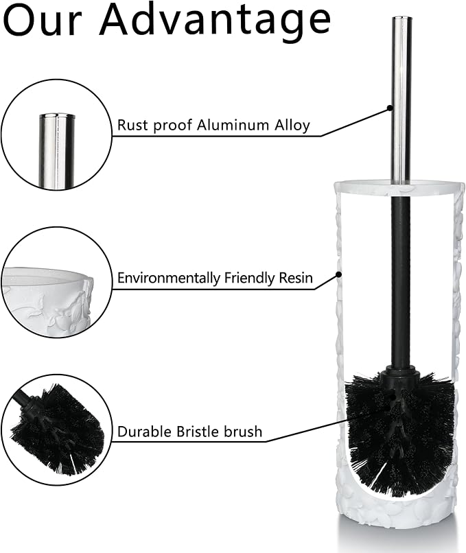 White Floral Design Resin Toilet Bowl Holder and Brush Set, Stylish Bathroom - Image 2