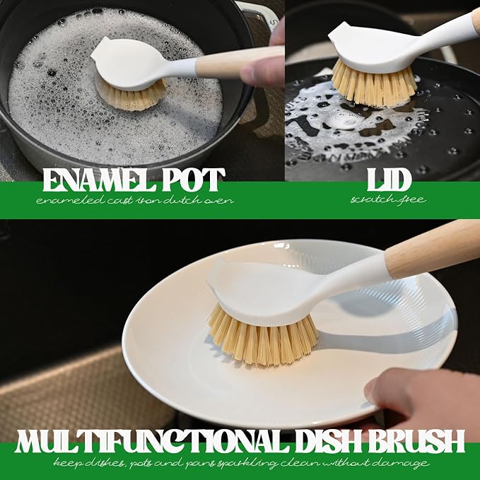 Dish Brush with Handle Wood Built-in Scraper, Scrub Brush - Image 3