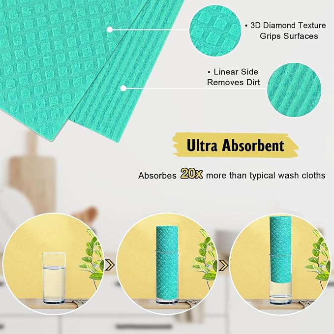 Swedish Dishcloths for Kitchen | 6 Pack Absorbent Cellulose Sponge Cloths - Image 3