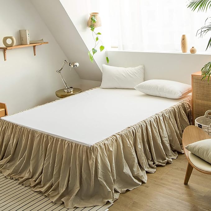 Simple&Opulence Belgian Linen Bed Skirt with Classic 14 inch Tailored Drop Dust Ruffle, Easy Fit Breathable Premium Natural Flax- Pleated Linen, Queen