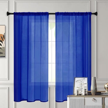 Sheer Curtains 63 Inches Long 2 Panels, Rod Pocket Short Curtain for Kitchen, Bedroom, Cafe Window(Blue Sapphire 38" W x 63" L)