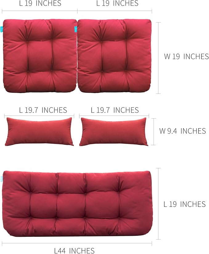 QILLOWAY Outdoor Patio Wicker Seat Cushions Group Loveseat/Two U-Shape/Two Lumbar Pillows for Patio Furniture,Wicker Loveseat,Bench,Porch,All Weather, Settee of 5 (RED)
