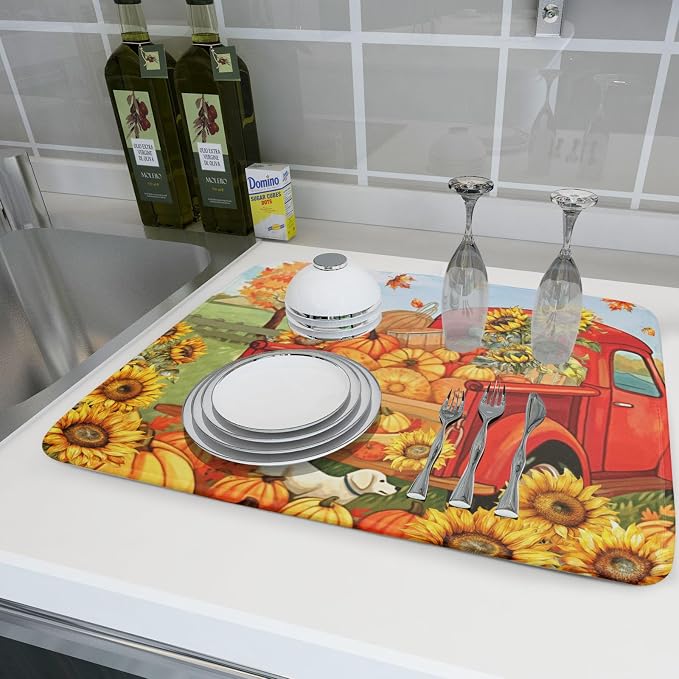 Autumn Pumpkin Red Truck Dish Drying Mat - Image 6