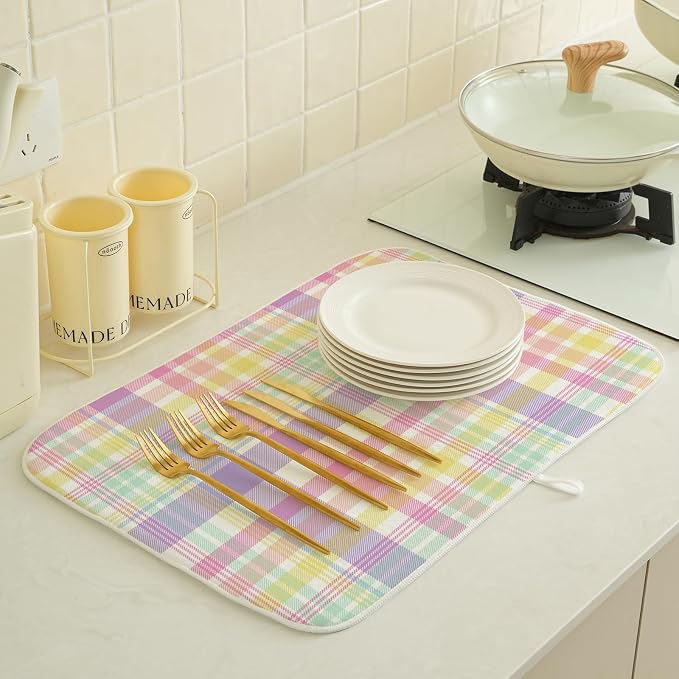 Easter Dish Drying Mat 18 x 24 Inch Spring Pink Yellow Purple Buffalo Plaid - Image 2