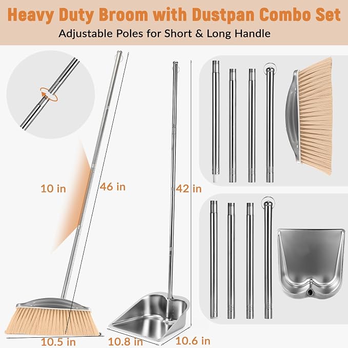 VOOWO Broom with Dustpan Combo Set, Heavy Duty Dust Pan with Long Handle - Image 2