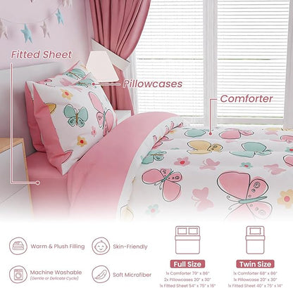 SANDJEST Butterfly Twin Bedding Sets for Girls, Ultra Soft Microfiber Comforter Set with 3-Pieces, Bed Sets for Kid Tween Teen Bedroom Decor