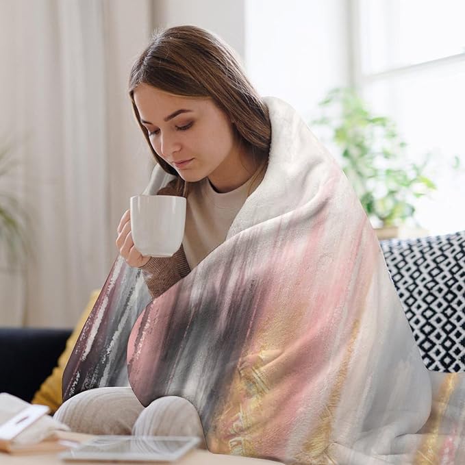 Fashion Gradient Blanket, Modern Art Baroque Gold Grey Pink Painting Strokes Pattern Soft Warm Cozy Plush Flannel Covers for Livingroom Bedroom Couch Chair Camping Travel Home Decor Tapestry 50x60in