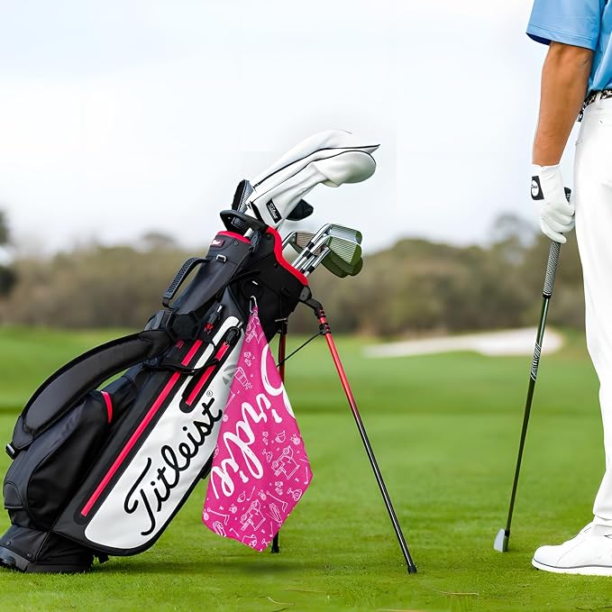 Womens Pink Golf Towel and Brush Set, Microfiber Waffle Golf Bag Towel - Image 5