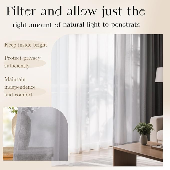 Dreaming Casa Grey Sheer Curtains 102 Inches Long, Rod Pocket & Back Tab Light Filtering Textured Sheers for Living Room Bedroom, 2 Panels, Each 52" W x 102" L