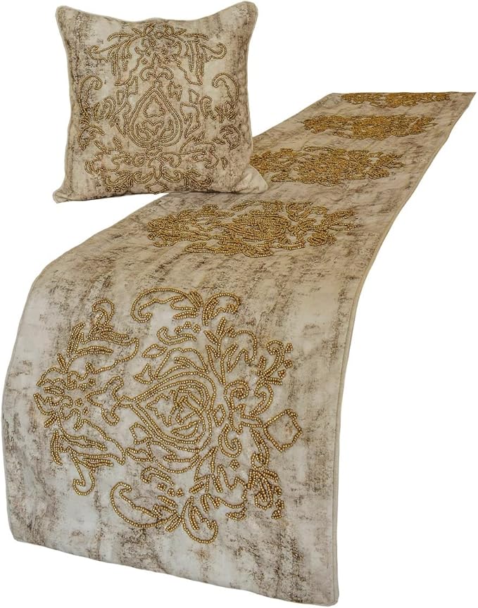The HomeCentric King/Queen/Twin Ivory & Gold Decorative Queen 74"x18" Bed Runner Without Pillow Cover, Beaded & Foil Bed Scarf on Silk Fabric - Foil Damask Gold