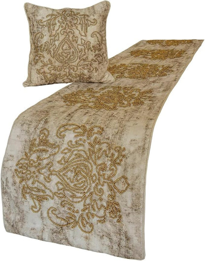 The HomeCentric King/Queen/Twin Ivory & Gold Decorative King 90"x18" Bed Runner with 2 Pillow Cover, Beaded & Foil Bed Scarf on Silk Fabric - Foil Damask Gold