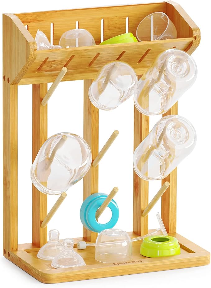 SpaceAid Bamboo Baby Bottle Drying Rack, Space Saving Kitchen Bottles Holder by SpaceAid