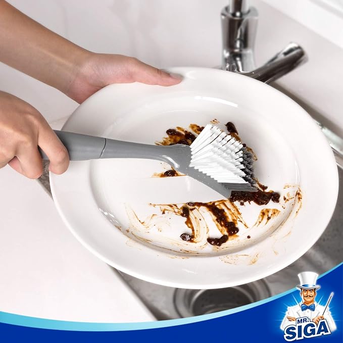 MR.SIGA Dish Brush with Non Slip Handle Built-in Scraper, Scrub Brush - Image 4