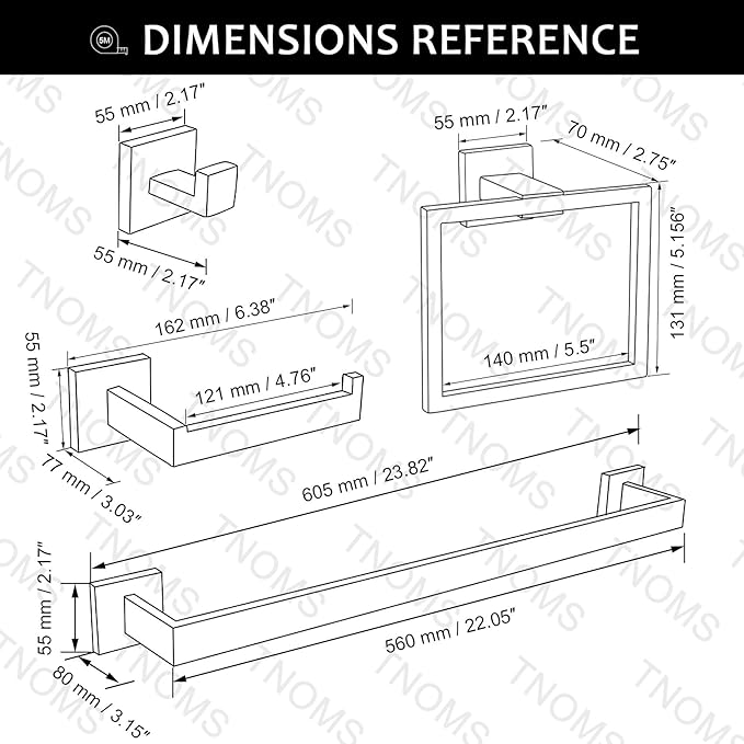 TNOMS Bathroom Towel Bar Set 5 Pieces Brushed Nickel Square Modern Bathroom - Image 6