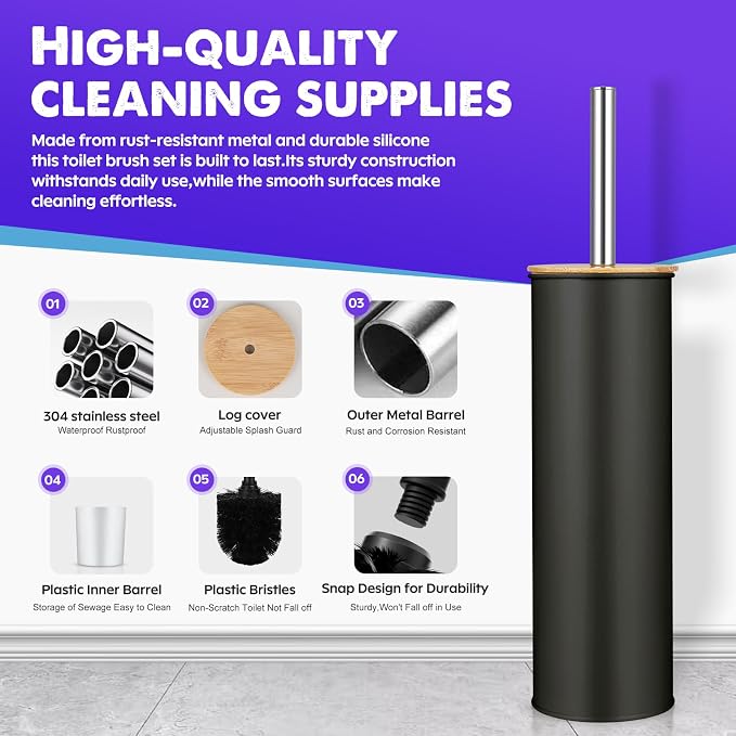 Compact Toilet Brush & Holder, SetStainless Steel Handle Toilet Brush, Deep - Image 2
