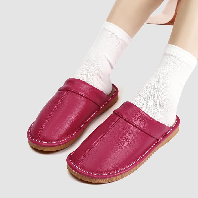 Slippers for Women Men, Genuine Leather Slippers Indoor Outdoor, Fuzzy Bedroom - Image 6