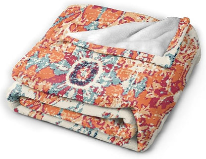 HGOD DESIGNS Carpet Pattern Throw Blanket Boho Style Ethnic Design Orange Blue Soft Blankets and Throws 50x60 Inch Caring for Women Men (130x150cm)