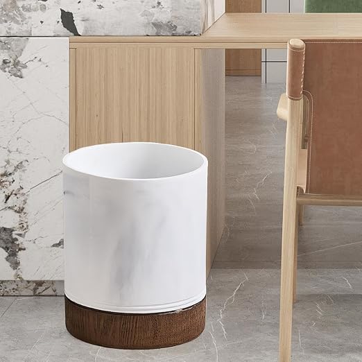 Polytree White Marble and Brown Wood Round Wastebasket, Resin Small Round - Image 7