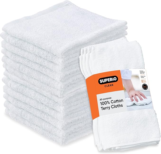 Superio White Washcloths 12 Pack Terry Cloth Rags 100% Cotton 12" Cleaning by Superio
