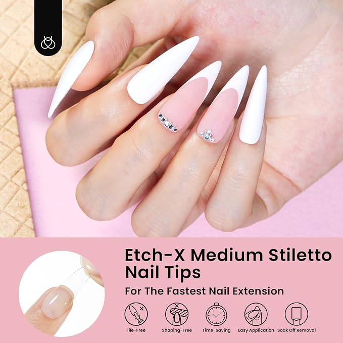 Beetles Gel Nail Tips Etch-X, Stiletto Medium, Pre-Etched Half Matte Full Cover - Image 4
